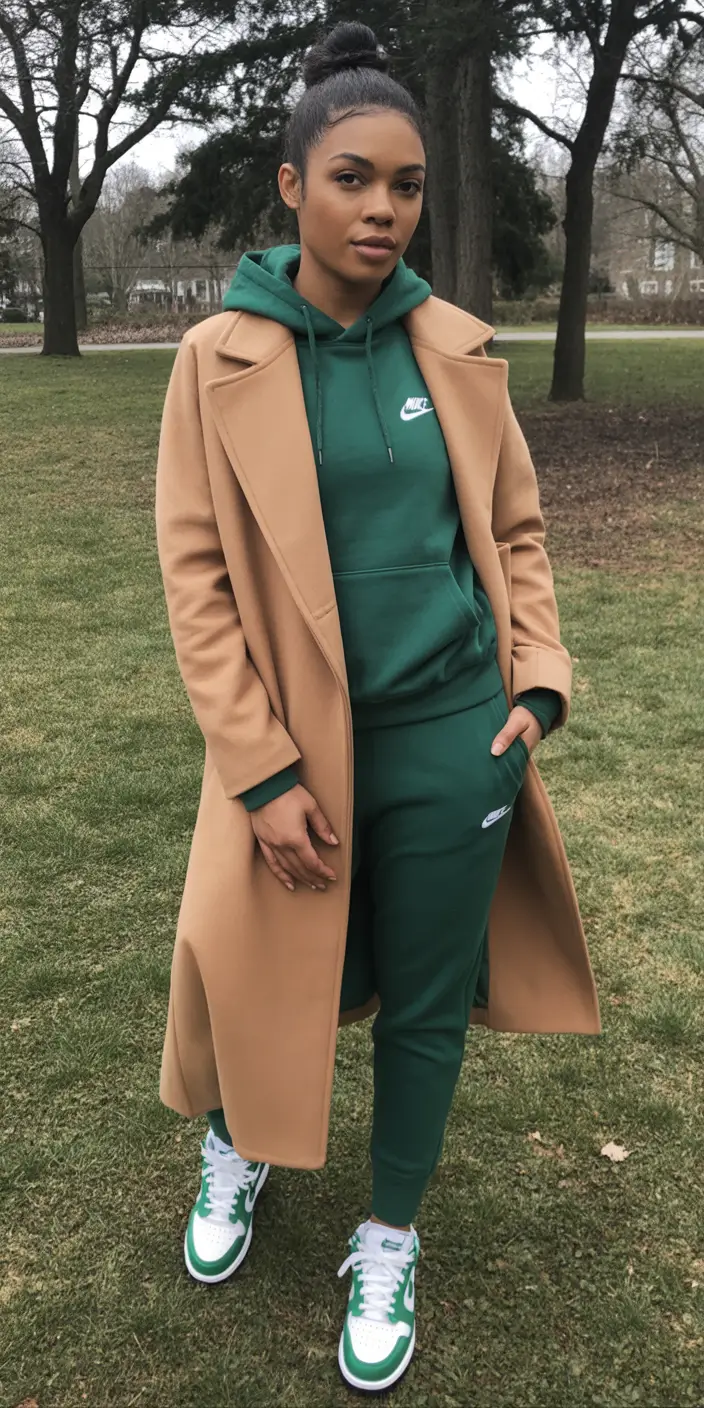 winter outfits blackgirl 2025 - 2026 Sporty Green Luxe Under a Camel Coat