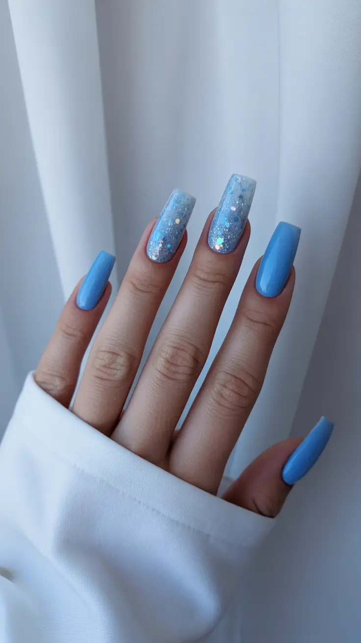 Acrylic Nail Trends Winter 2025-2026 Snowflake Blue Shimmer