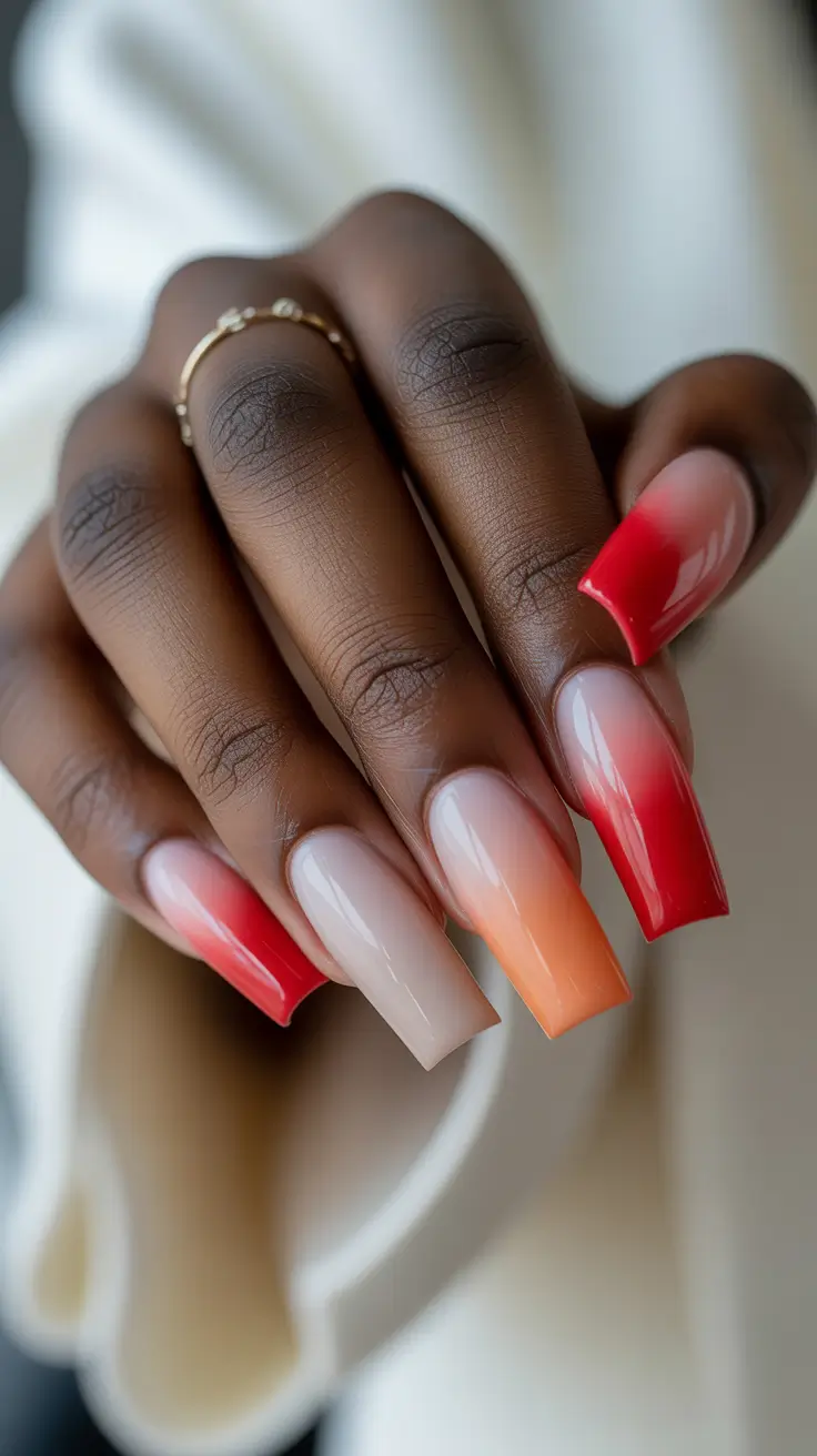 Acrylic Nail Trends Winter 2025-2026 Sunset Red Ombre