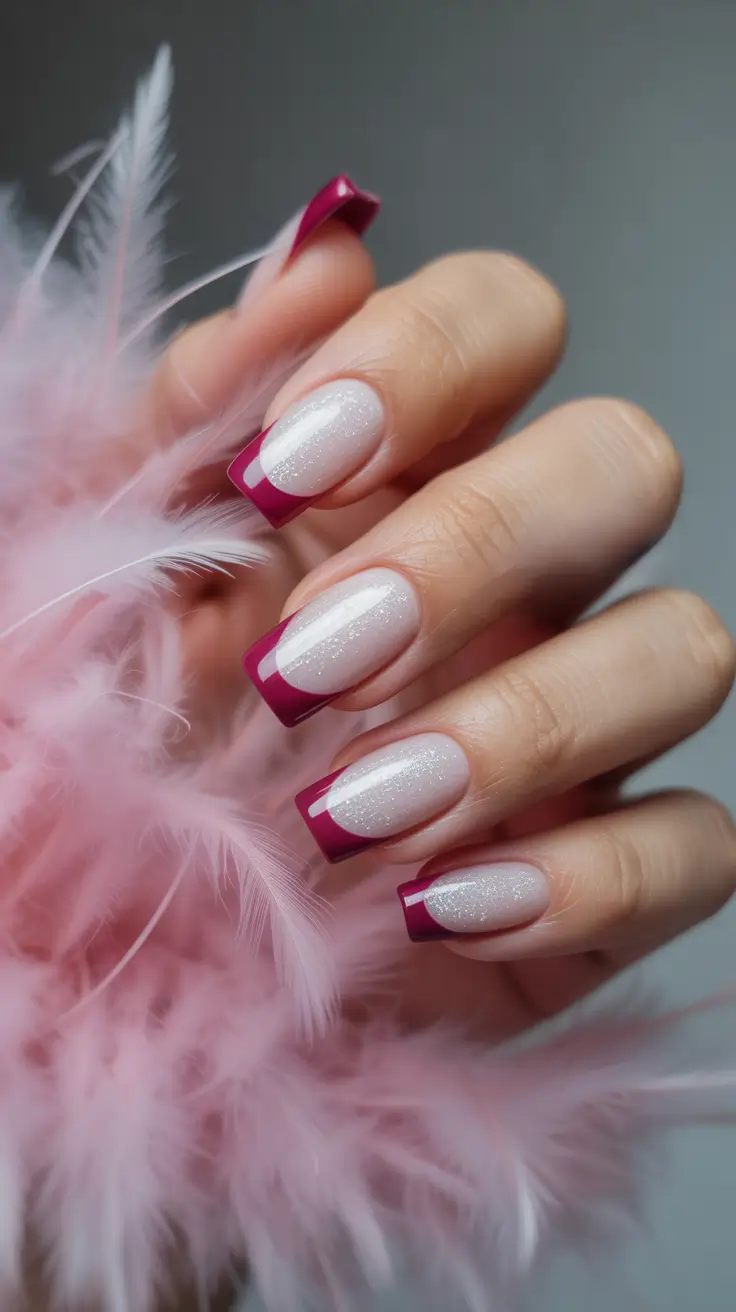 Acrylic Nail Trends Winter 2025-2026 Shimmery Pink French