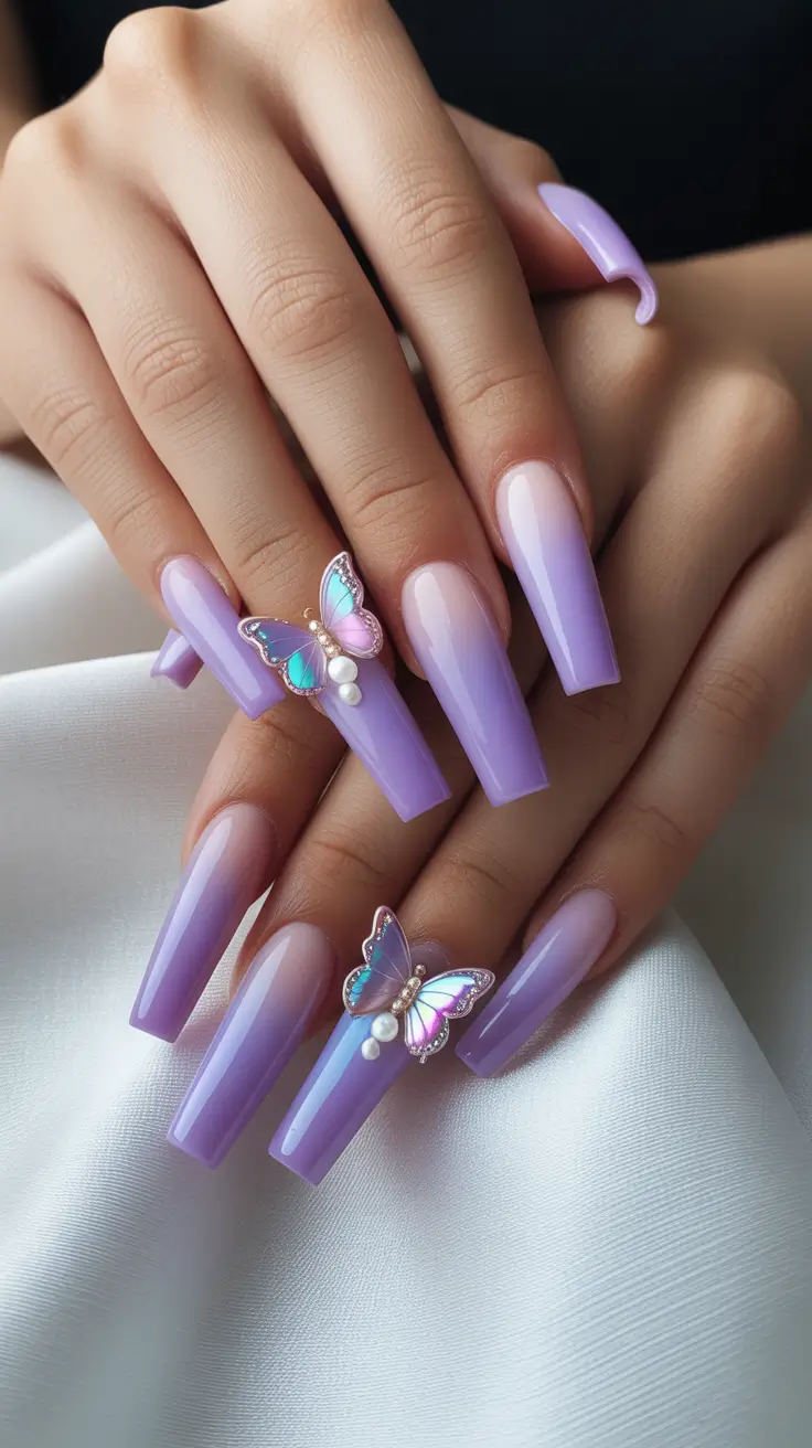 Acrylic Nail Trends Winter 2025-2026 Lavender Dreams with 3D Butterflies