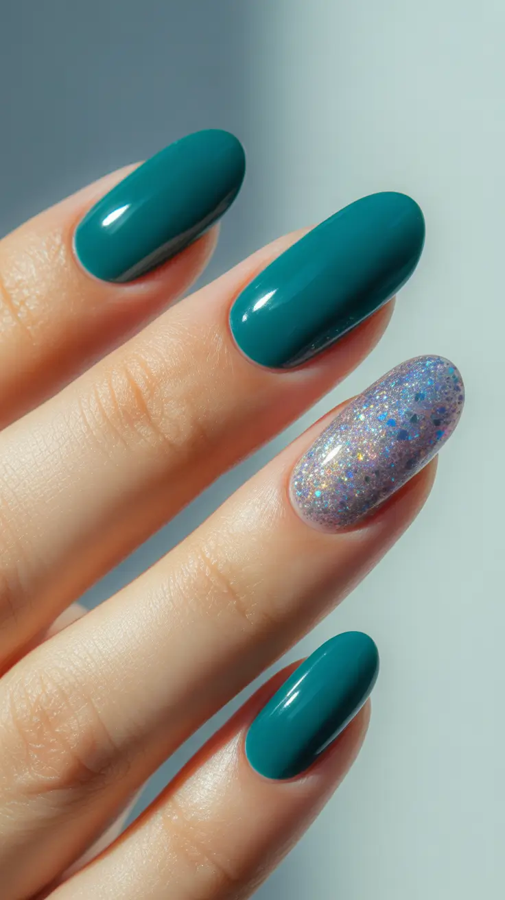Acrylic Nail Trends Winter 2025-2026 Emerald Spark with an Accent