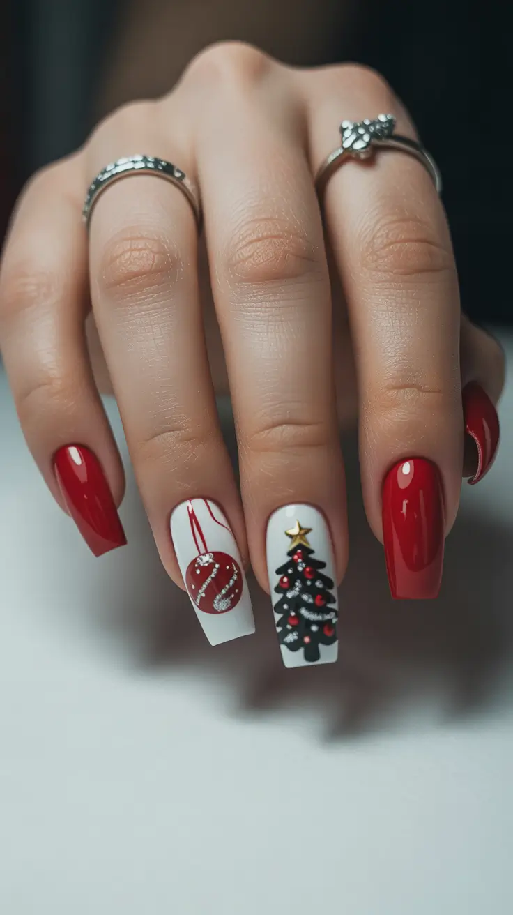 Best Christmas Tree Nails 2025 Classic Red and Tree Accent