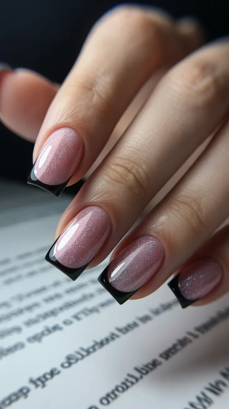Best Nail Art for Christmas 2025 Black-Tipped Elegance with a Pink Glow
