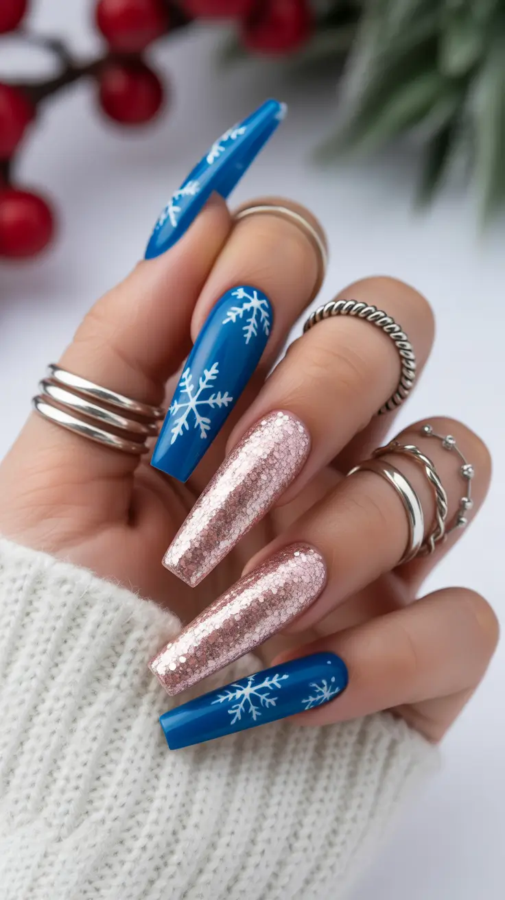 Best Nail Art for Christmas 2025 Frosted Rose and Blue Snowflakes