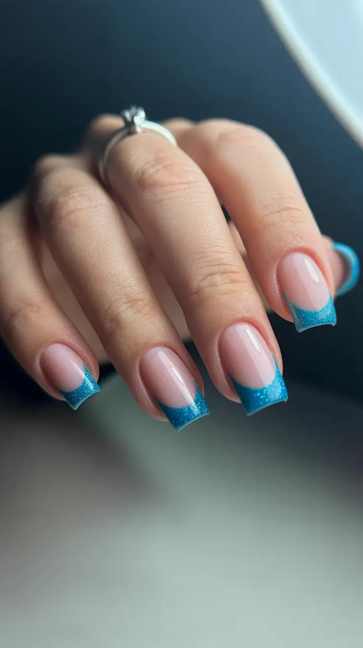 Best Nail Art for Christmas 2025 Blue Glitter French Tips