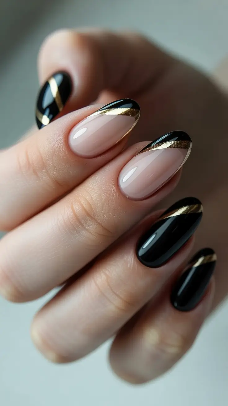 Best Nail Art for Christmas 2025 Black and Gold Luxe Lines