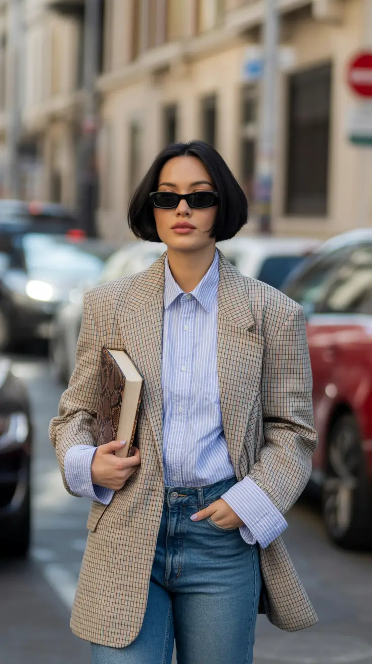 casual outfits for women 2026 Sharp Lines Blazer and Blue Shirt Combo