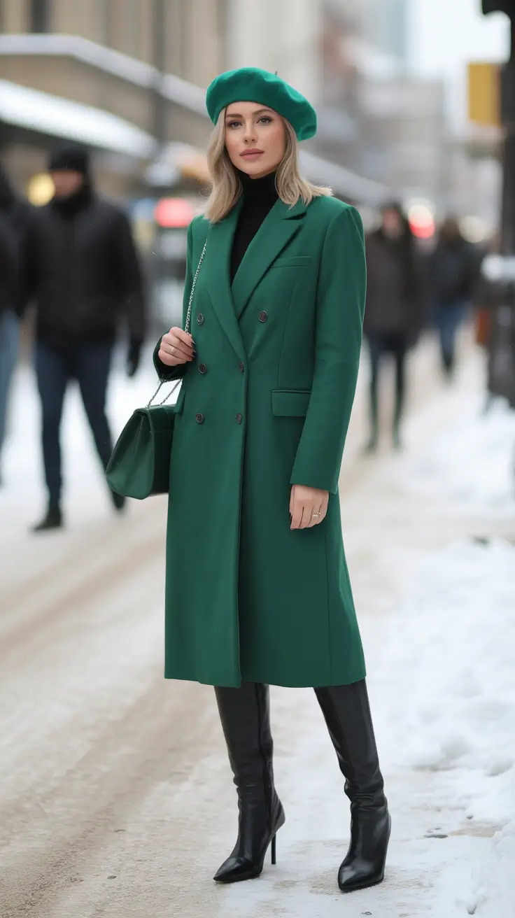 casual outfits for women 2026 Emerald Elegance Winter City Chic