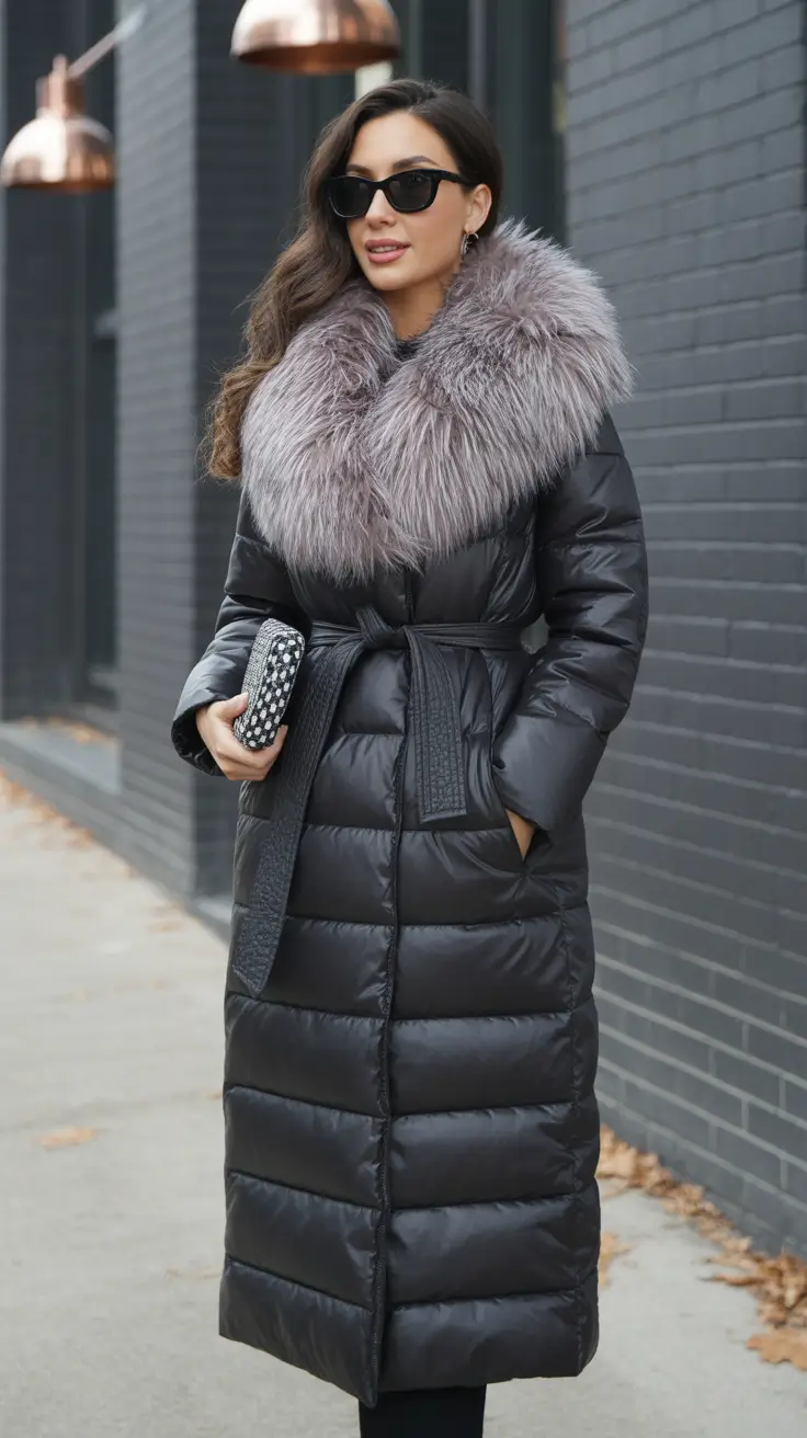 casual outfits for women 2026 Glam Warmth Luxe Black Puffer with Fur Collar