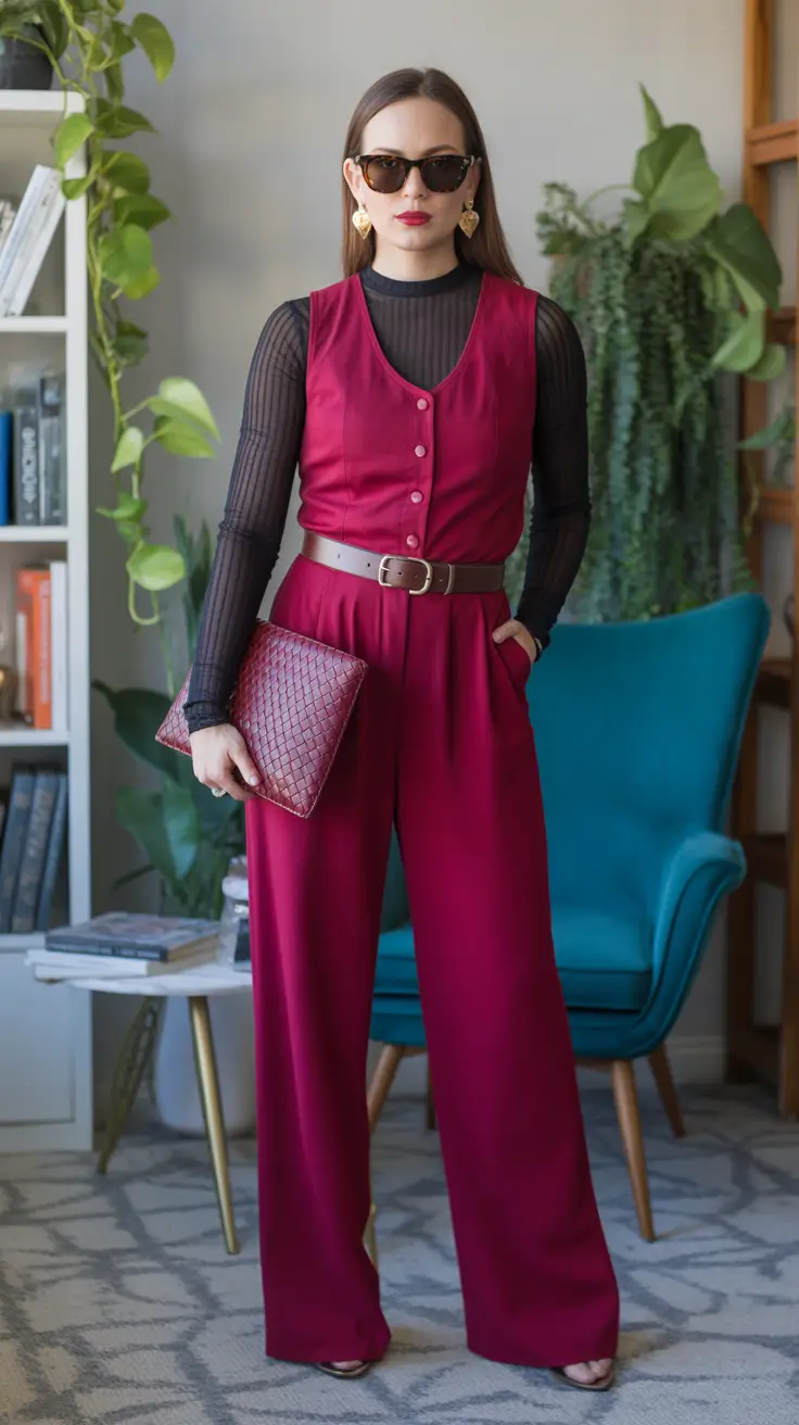 casual outfits for women 2026 Power in Color Red Jumpsuit and Sheer Layers