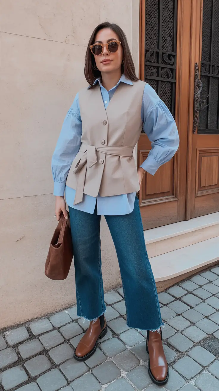 casual outfits for women 2026 Layered Neutral Harmony Vest and Denim Mix