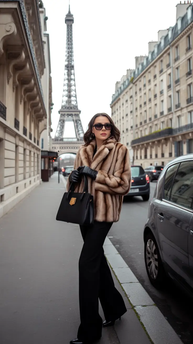 casual outfits for women 2026 Parisian Glam Fur Jacket and Tailored Trousers