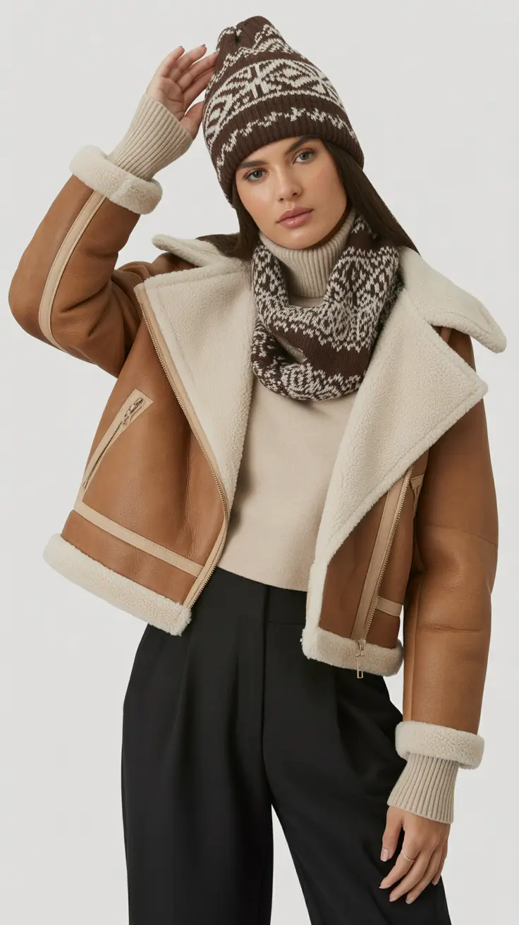 casual outfits for women 2026 Cozy Alpine Energy Shearling Cropped Jacket and Knit Accessories