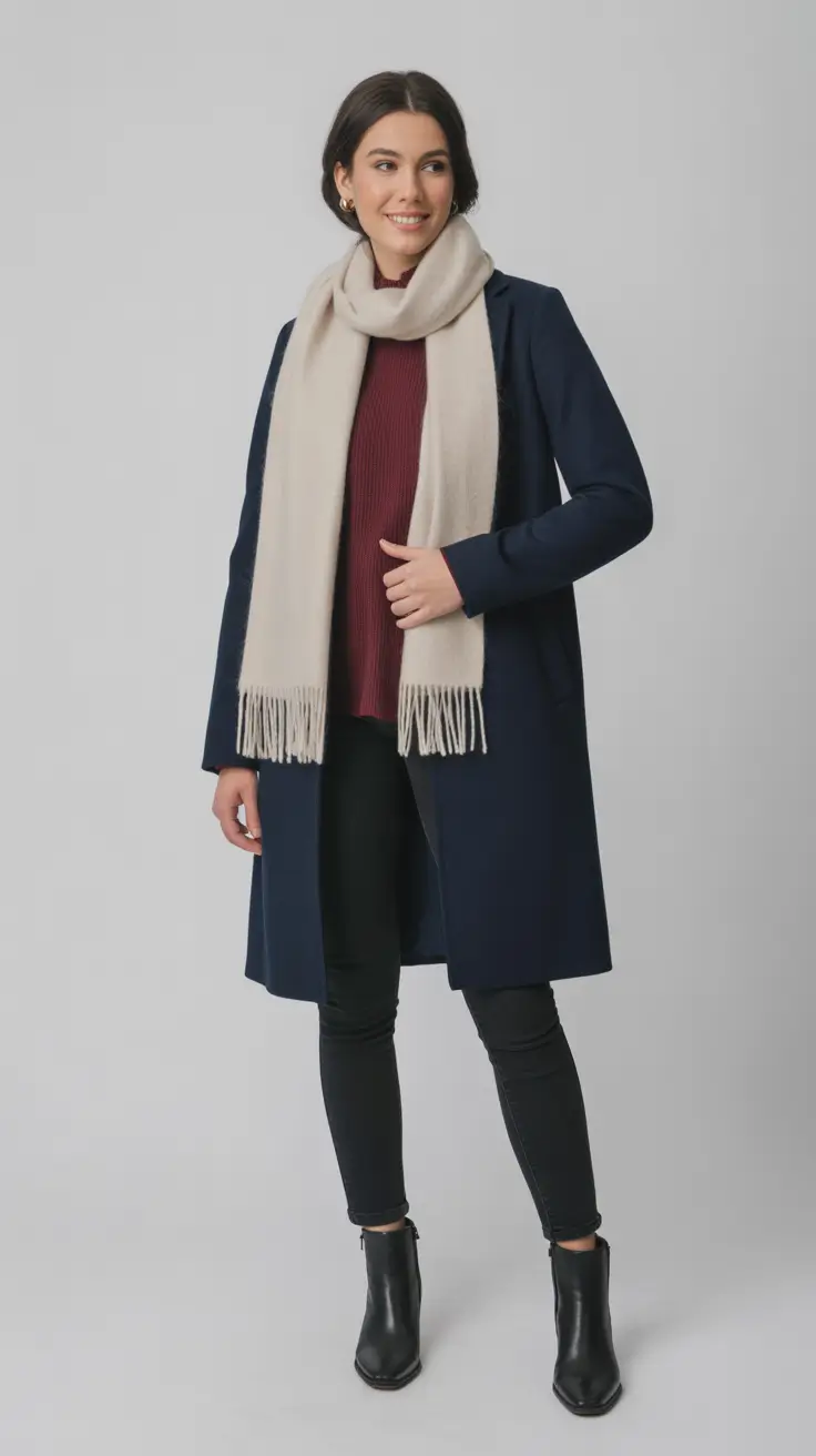 casual outfits for women 2026 Soft Layers Navy Coat and Wine Knit Harmony