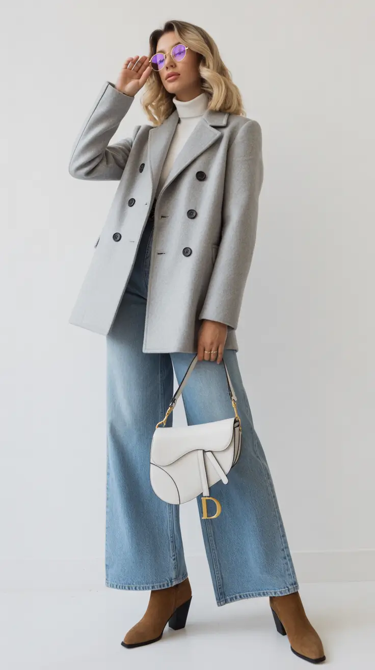 casual outfits for women 2026 Modern Monochrome Gray Peacoat and Wide-Leg Denim