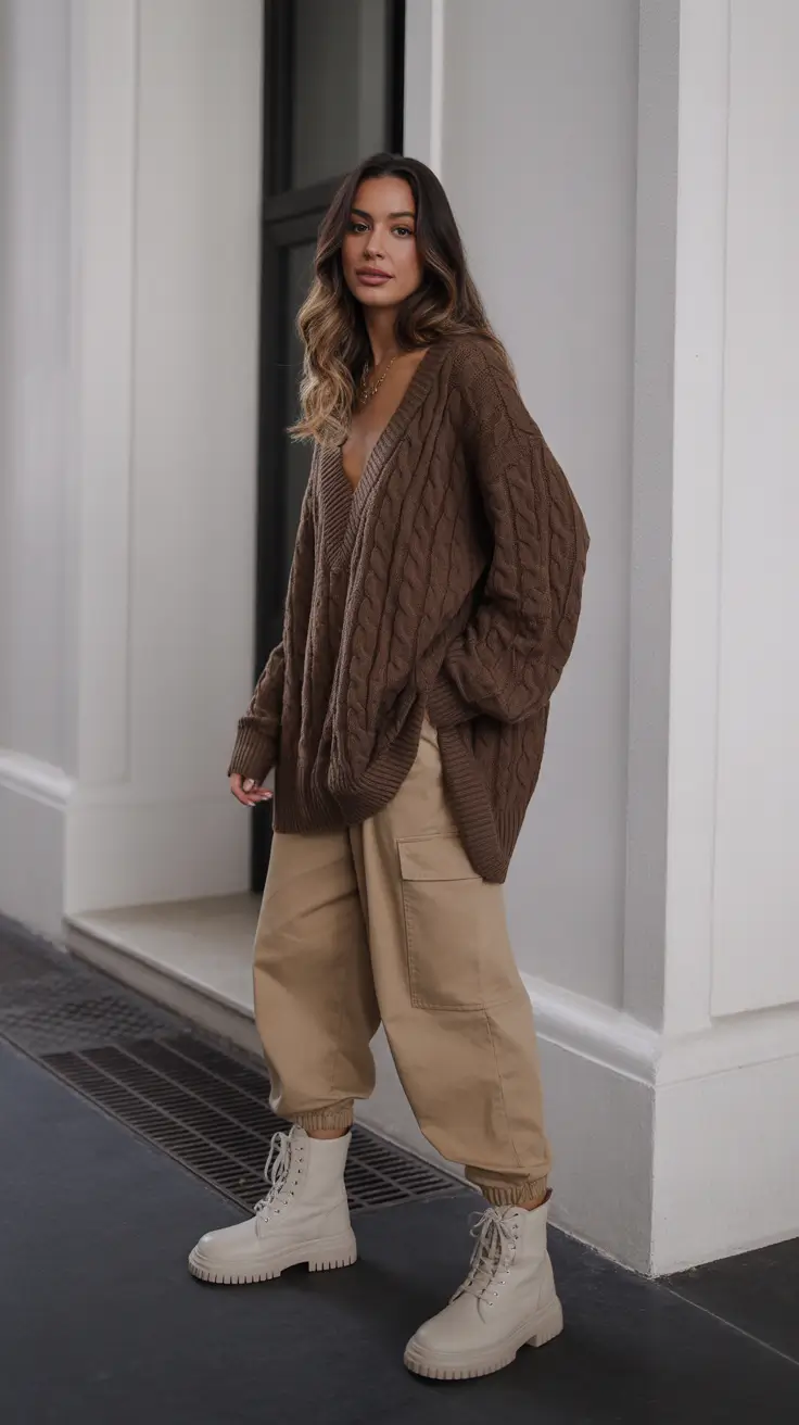 casual outfits for women 2026 Effortless Street Ease Oversized Knit Cargo Pants