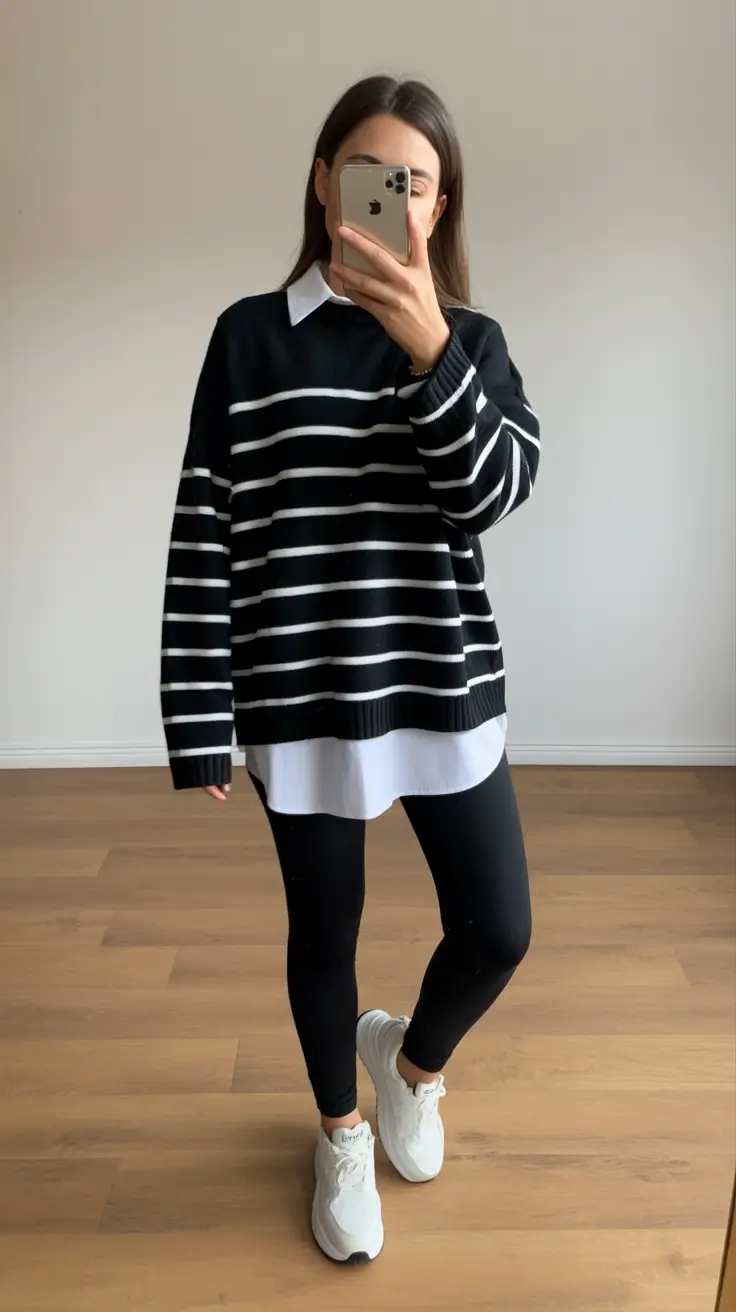 casual outfits for women 2026 Minimal Parisian Striped Knit and Black Leggings