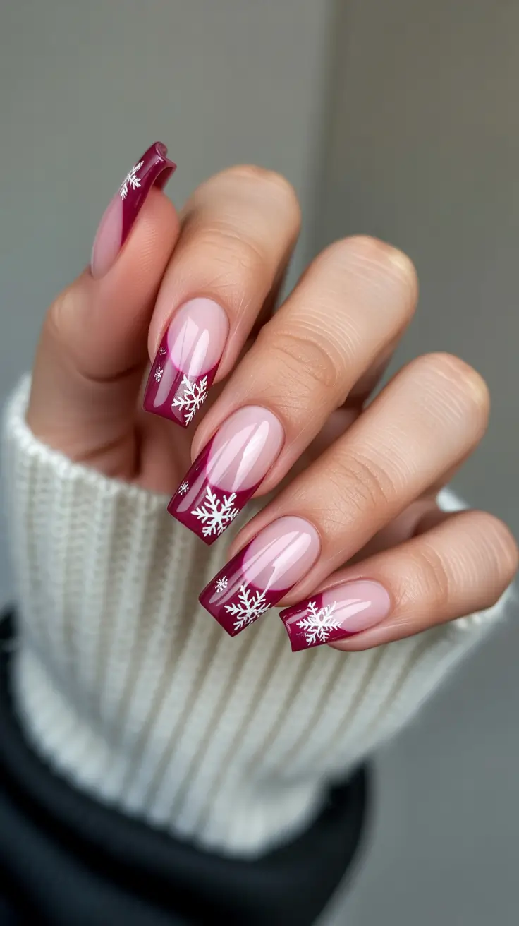 Cute Pink Christmas Nails 2025 Mulled Wine French Snowflakes