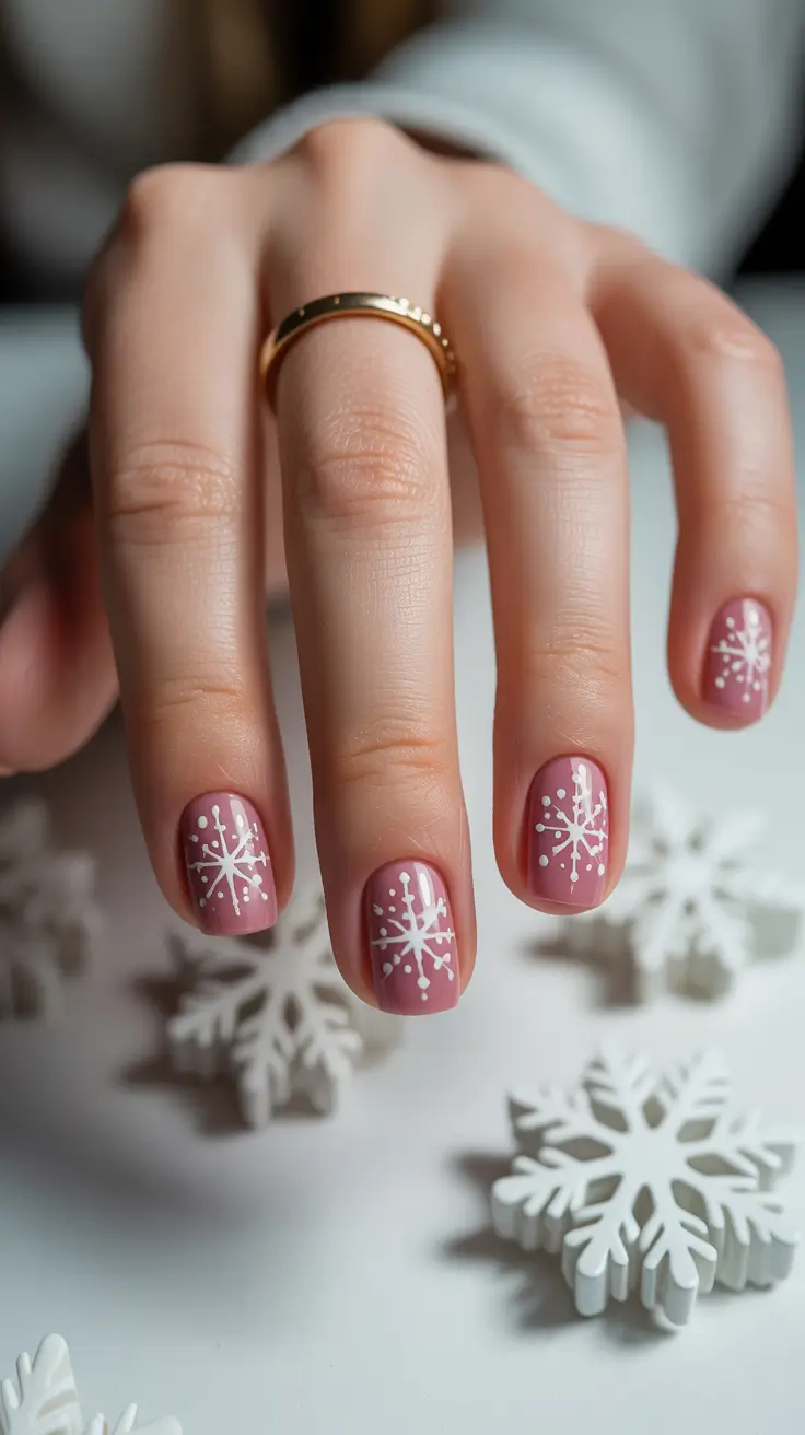 Cute Pink Christmas Nails 2025 Simple Mauve Snowflake Charm