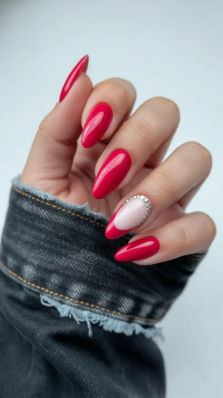Cute Pink Christmas Nails 2025 Glam Ruby Almond Glow