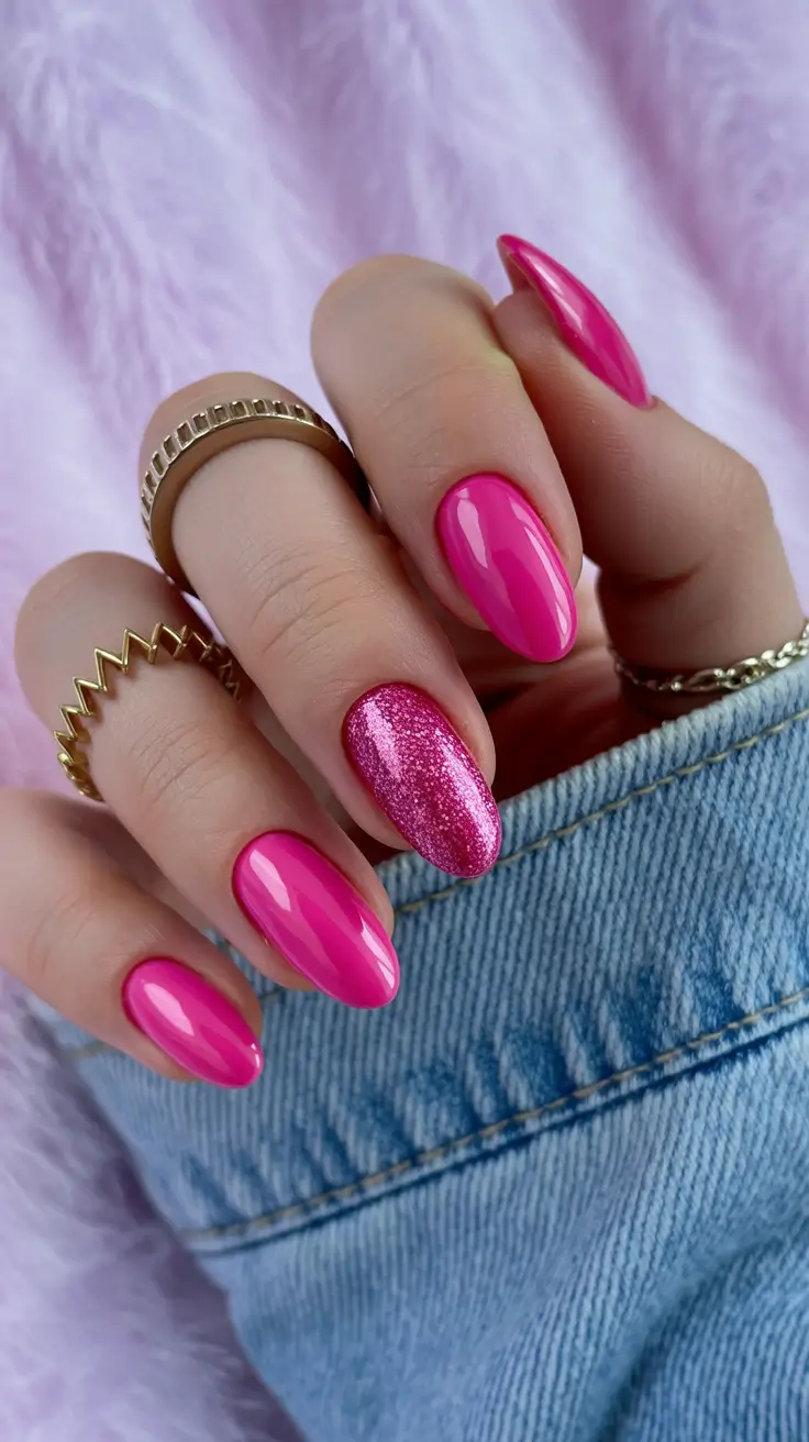 Cute Pink Christmas Nails 2025 Fuchsia Spark Accent Almond