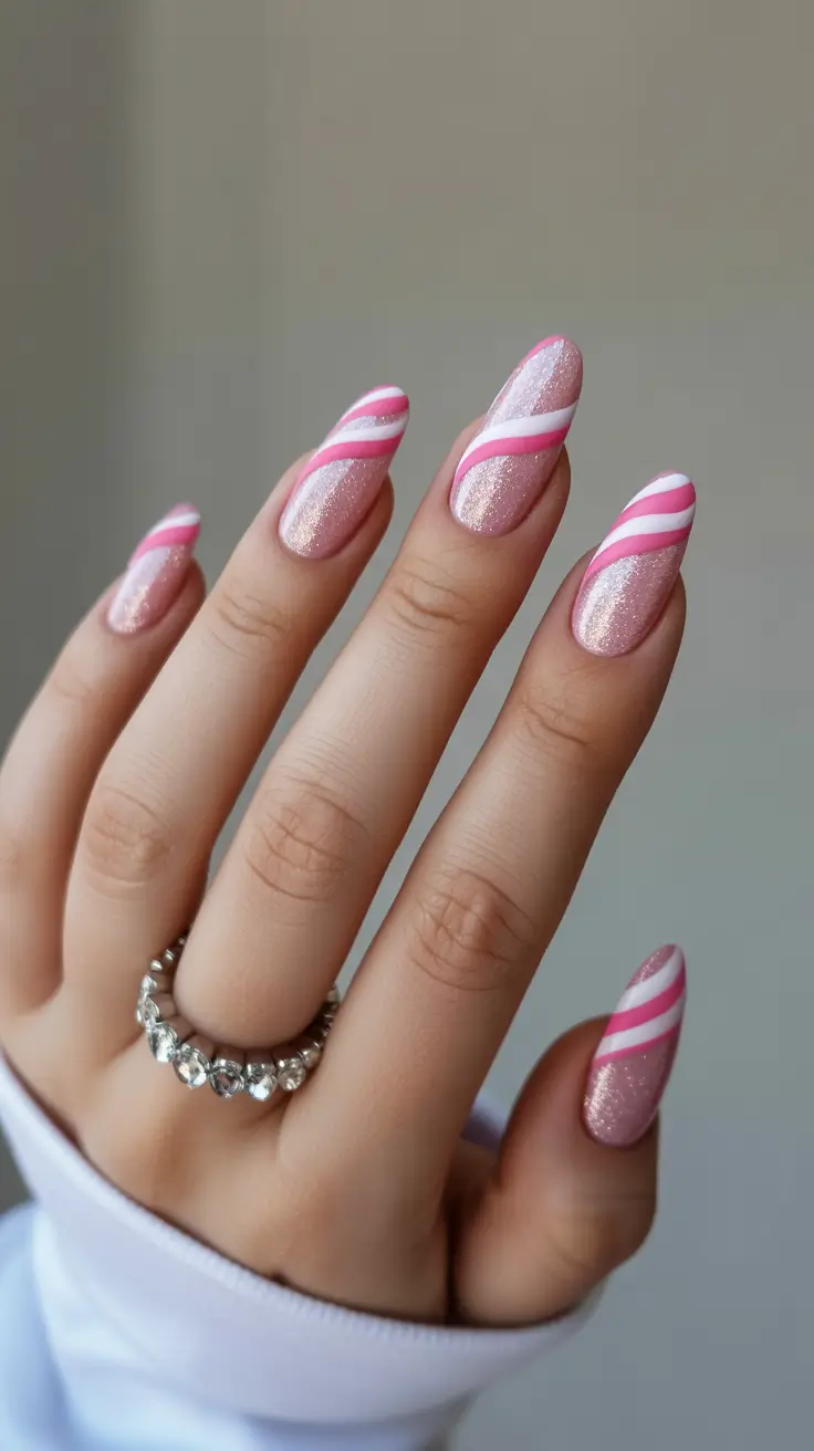 Cute Pink Christmas Nails 2025 Sweet Candy Swirl Sparkle