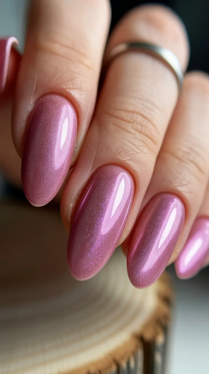 Cute Pink Christmas Nails 2025 Soft Metallic Pink Shimmer