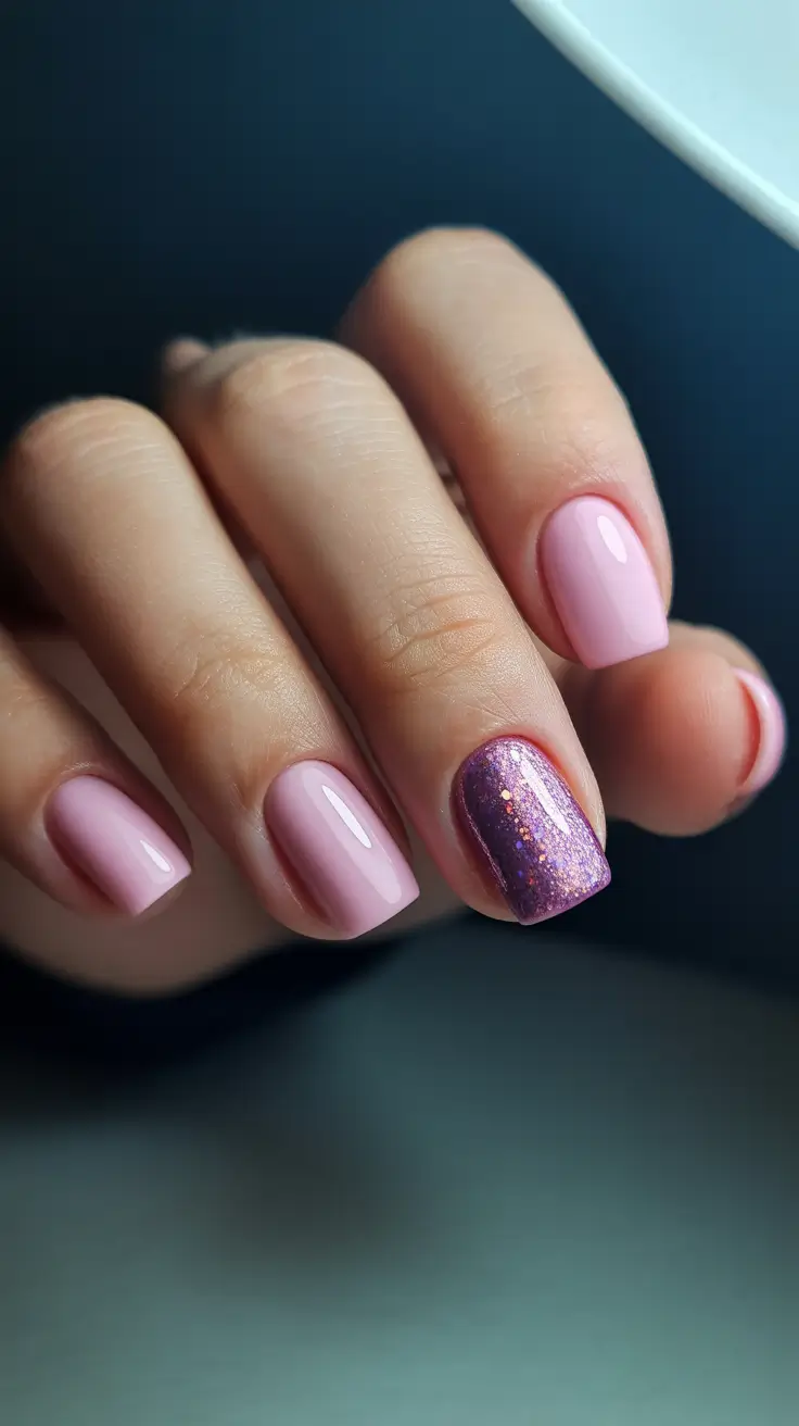 Cute Pink Christmas Nails 2025 Twilight Rose Spark Accent