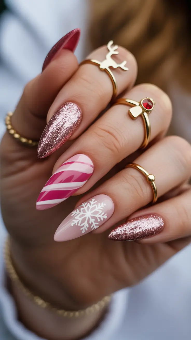 Cute Pink Christmas Nails 2025 Festive Candy Cane Sparkle