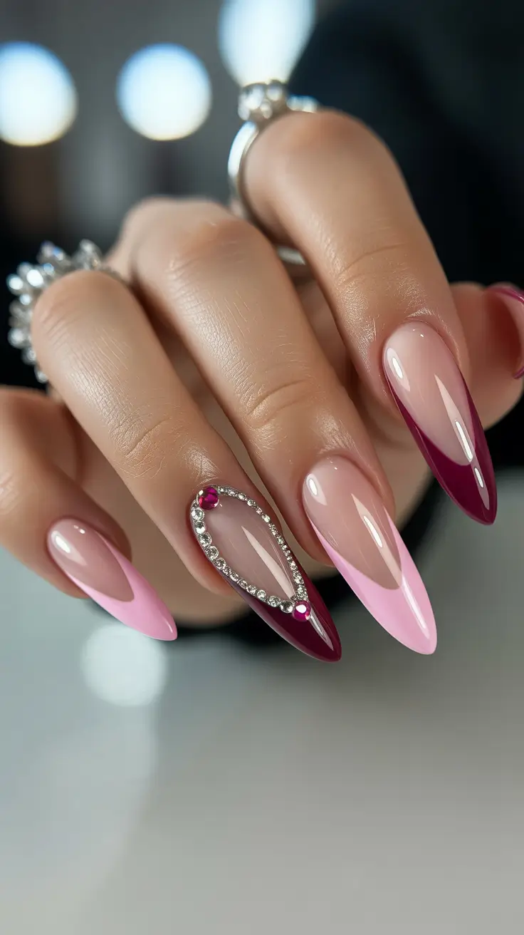 Cute Pink Christmas Nails 2025 Crimson Glam Almond Elegance
