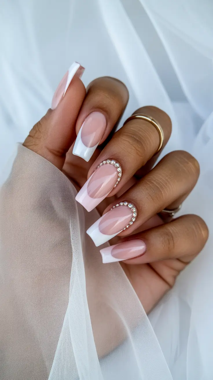 Cute Pink Christmas Nails 2025 Snowflake French Crystal Set