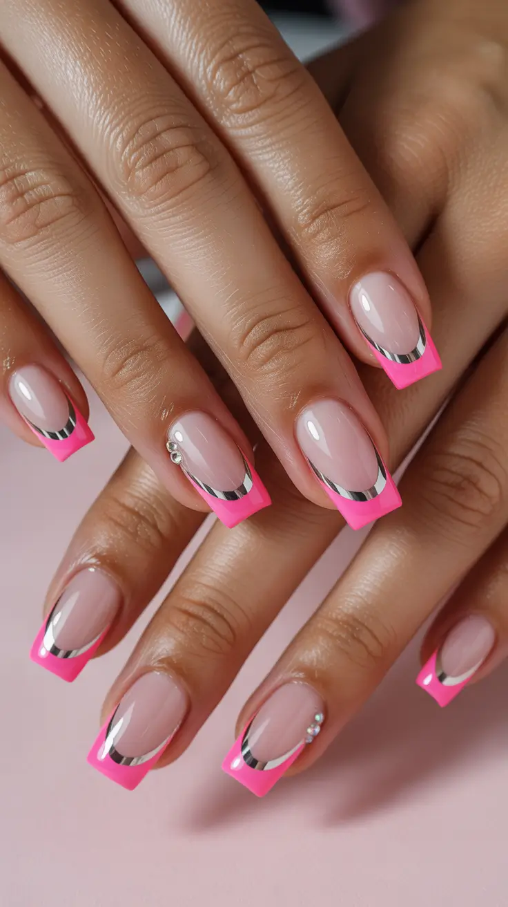 Cute Pink Christmas Nails 2025 Chrome-Edged Holiday Pop