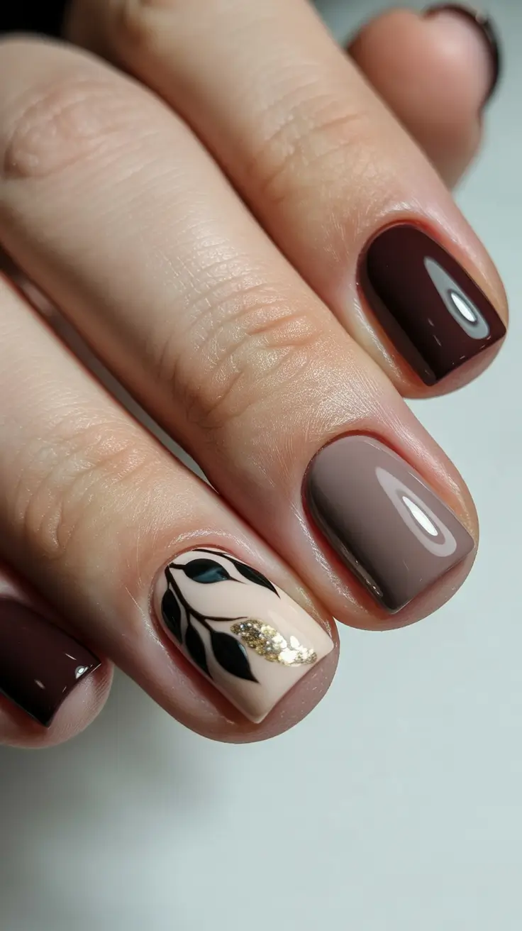 Cute Simple Nail Ideas for Christmas 2025 Mocha Leaf Accent