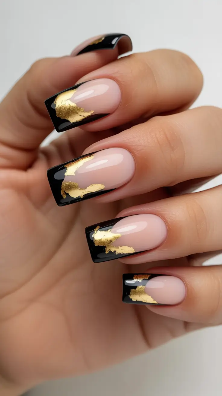 Cute Simple Nail Ideas for Christmas 2025 Black & Gold Royal French