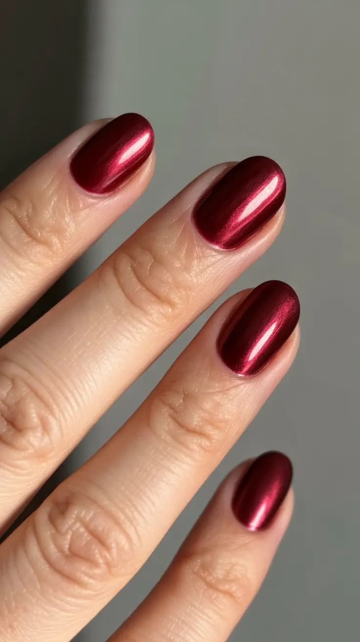 Cute Simple Nail Ideas for Christmas 2025 Metallic Cherry Glow
