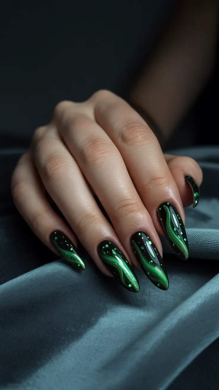 Cute Winter Gel Nails 2025-2026 Emerald Aurora Glow