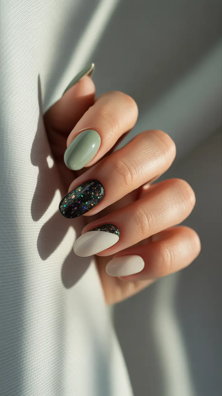 Cute Winter Gel Nails 2025-2026 Frosted Sage & Midnight Spark
