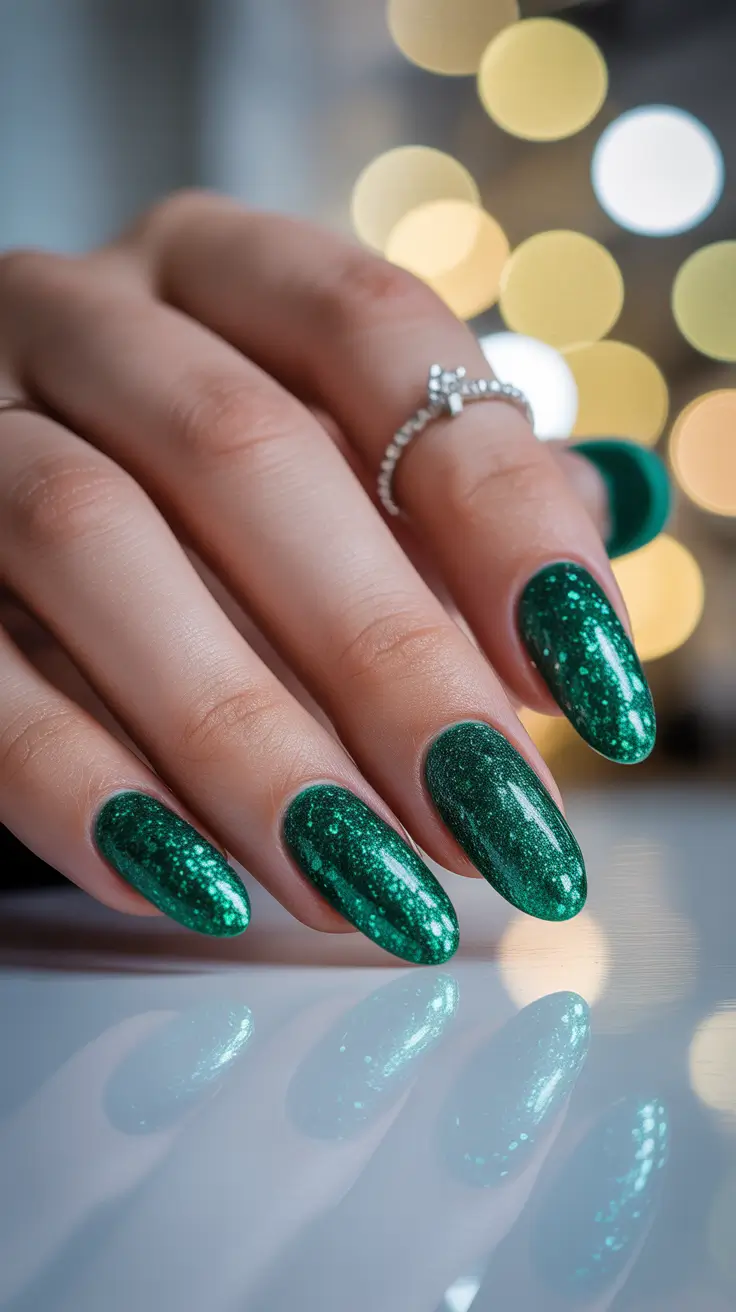 Cute Winter Gel Nails 2025-2026 Emerald Snowlight Sparkle