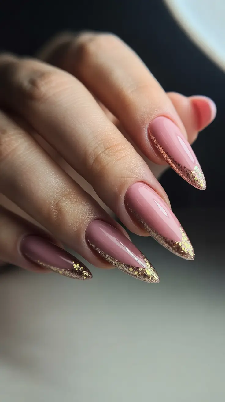 Cute Winter Gel Nails 2025-2026 Rose Gold Glimmer Edge