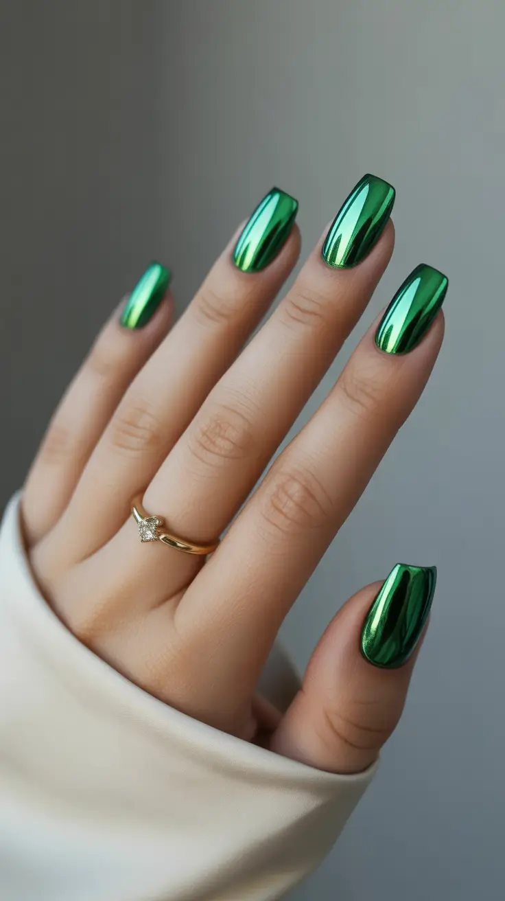 Cute Winter Gel Nails 2025-2026 Chrome Evergreen Shine