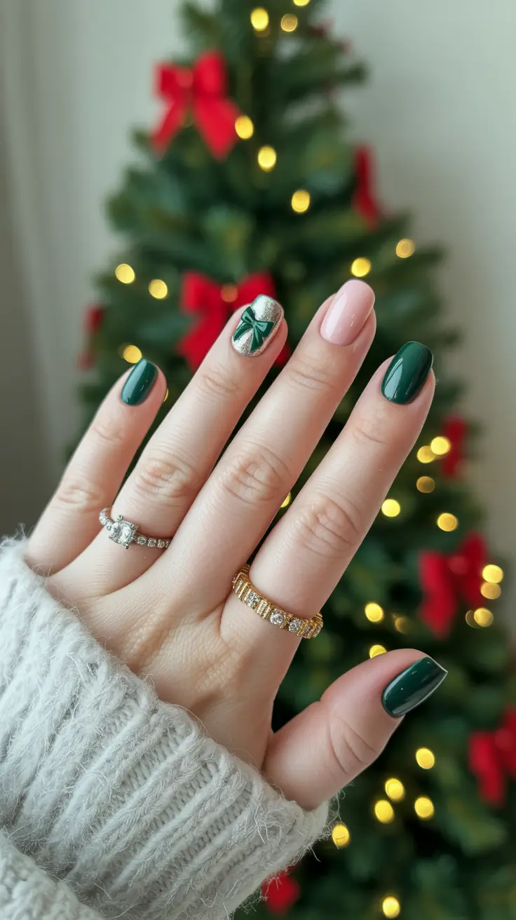 Easy Christmas Nails 2025 Emerald Gift Wrap