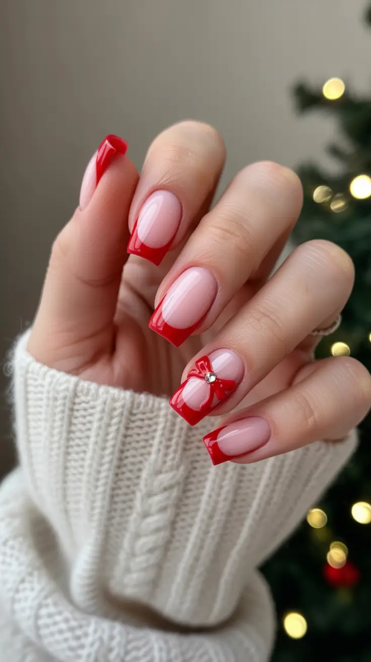 Easy Christmas Nails 2025 Red Ribbon Tips