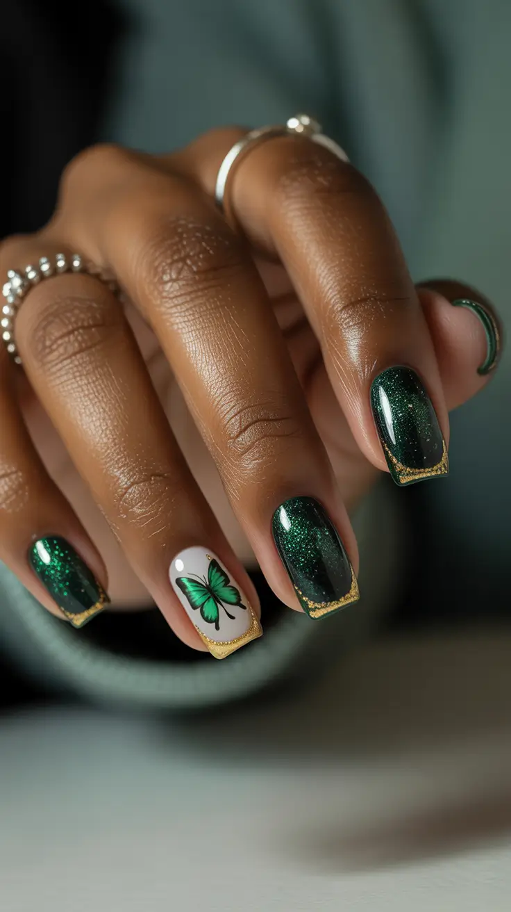 Easy Christmas Nails 2025 Emerald Butterfly Glow