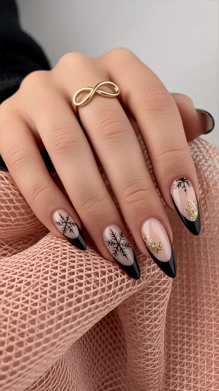 Easy Christmas Nails 2025 Black Snow Elegance
