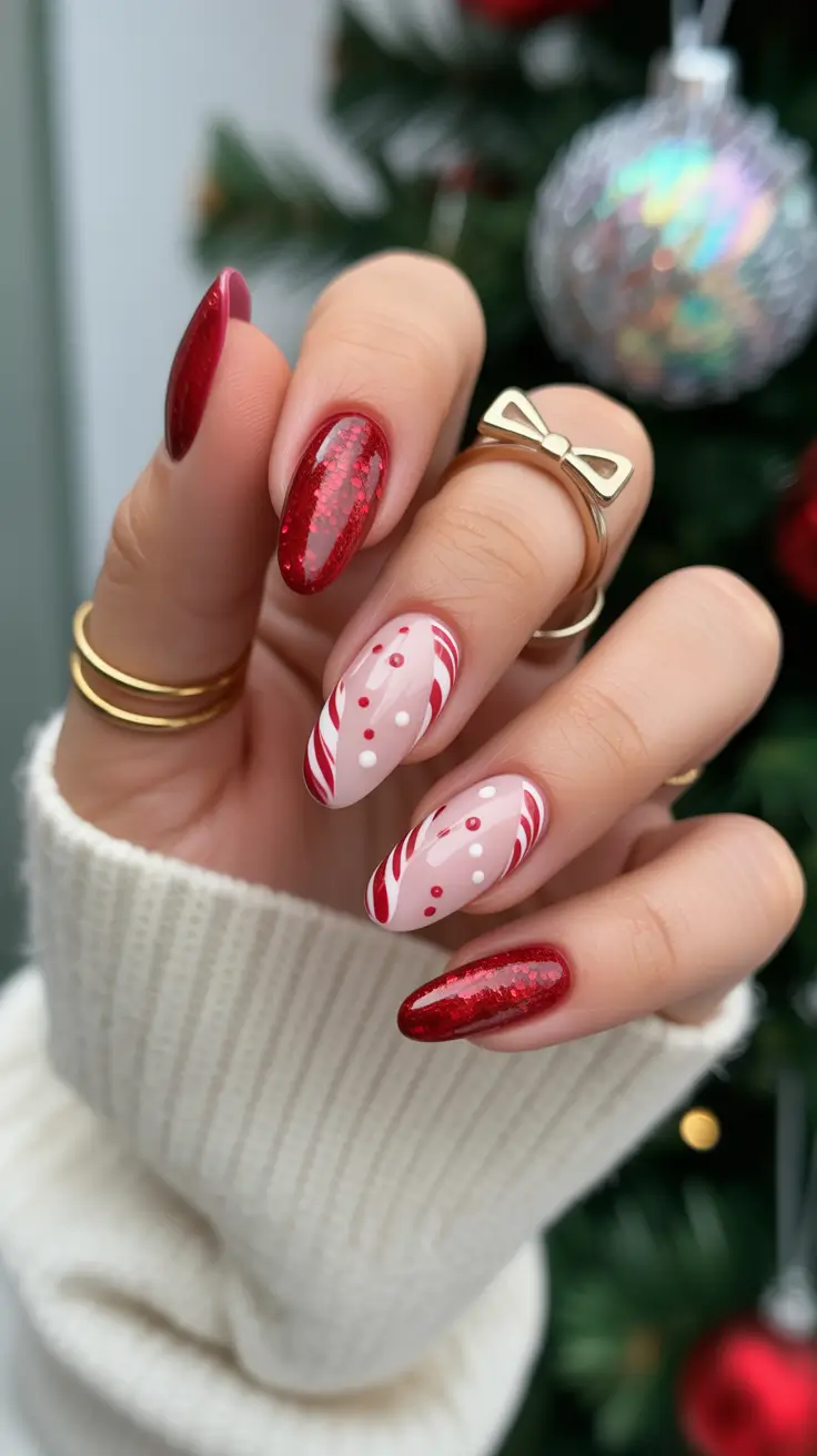 Easy Christmas Nails 2025 Peppermint Swirl Magic