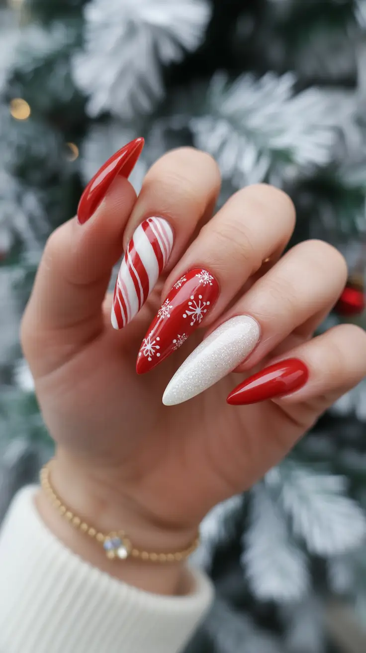 Easy Christmas Nails 2025 Candy Cane Snowflakes