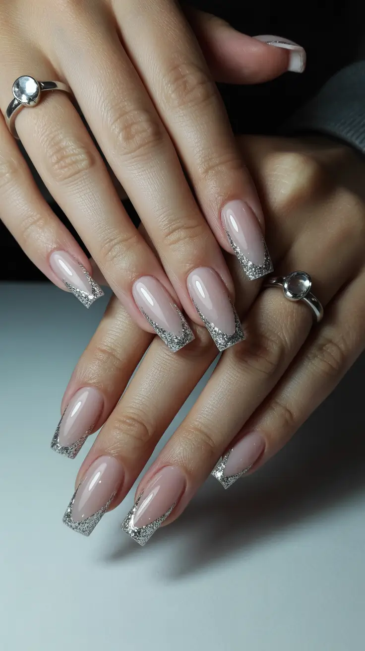 Easy Christmas Nails 2025 Silver Frost French