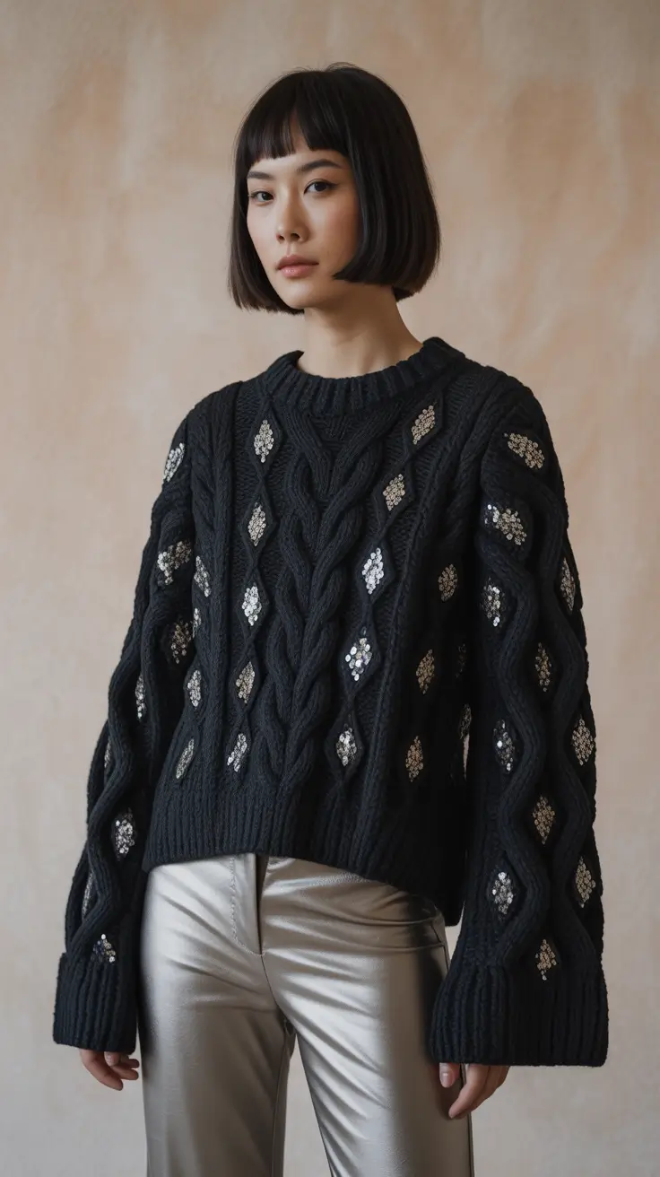 fashion outfits for women 2026 Chunky Knit and Metallic Drama