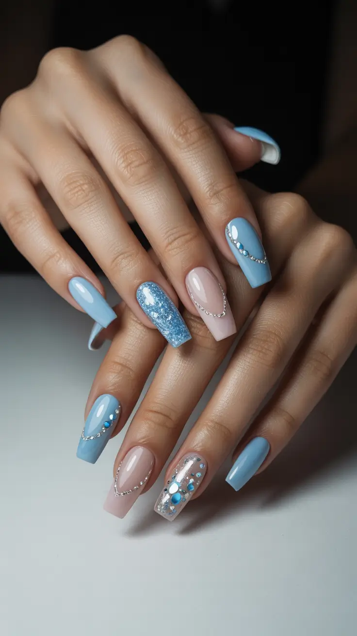 Festive Nail Designs Christmas 2025 Icy Blue Gemstone Glam